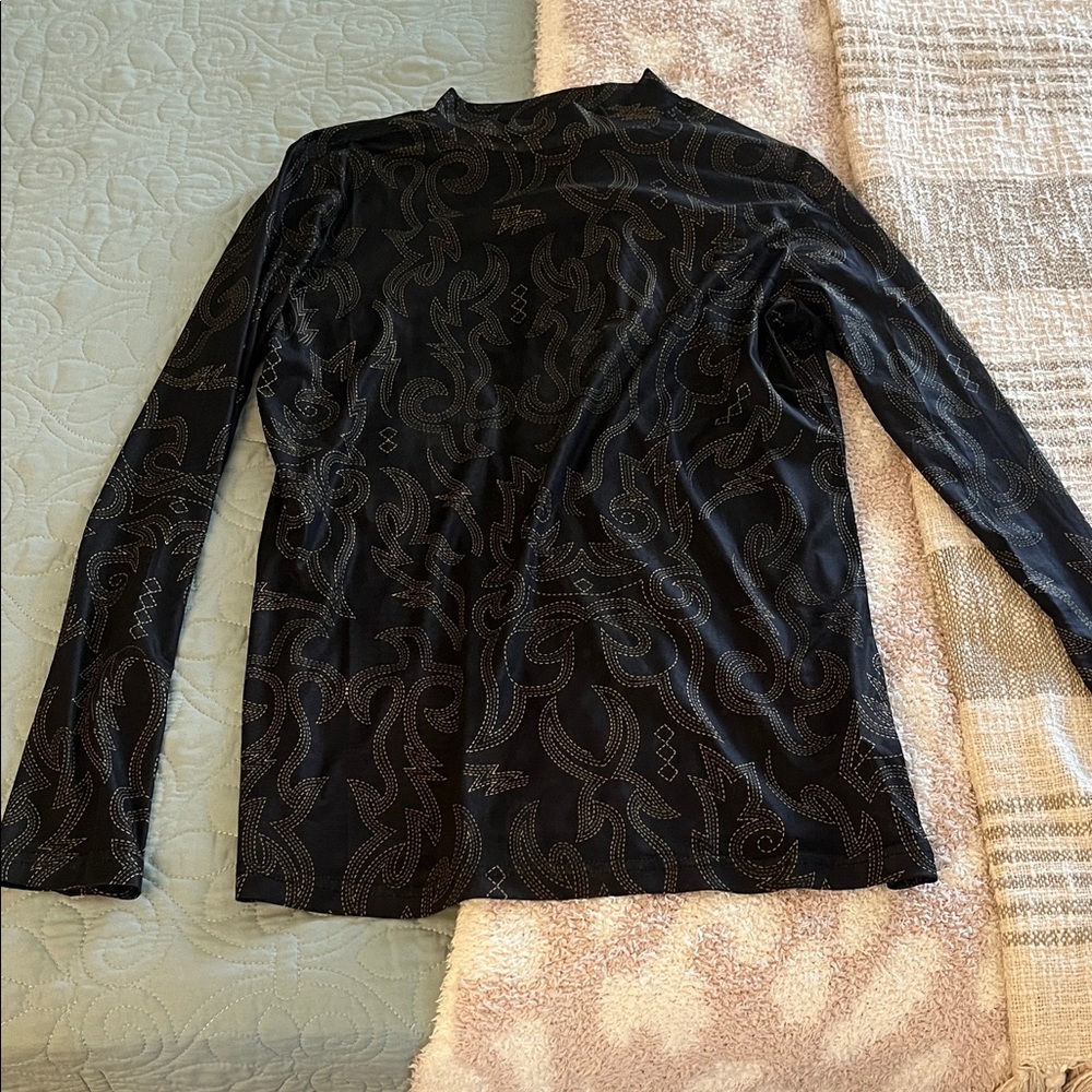 Chic Black Patterned Long Sleeve Mesh Mock Neck Women's Top